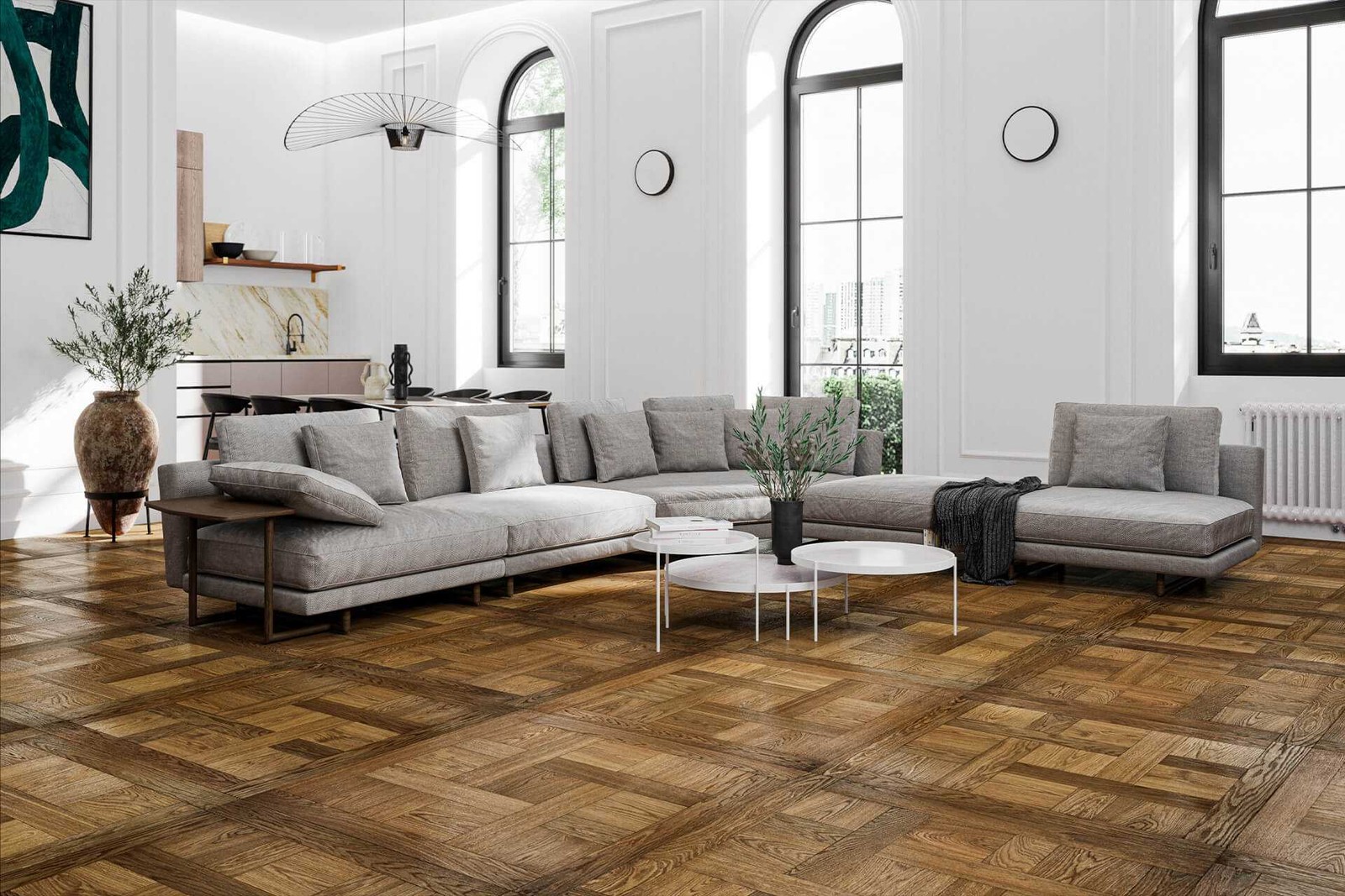 Parquet contrecollé dalles de Chantilly fumé huilé compatible sol chauffant