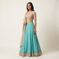 Sanskriti Vintage Blue Pure Georgette Silk Stitched Lehenga Hand Beaded Sequins