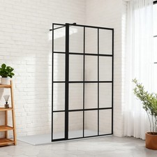 Wet Room Shower Screen Black Grid Fixed 8mm Glass with Flpper Panel