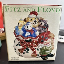 Vintage Fitz And Floyd Ceramic Holiday Elf Lidded Trinket Box Candy Jar