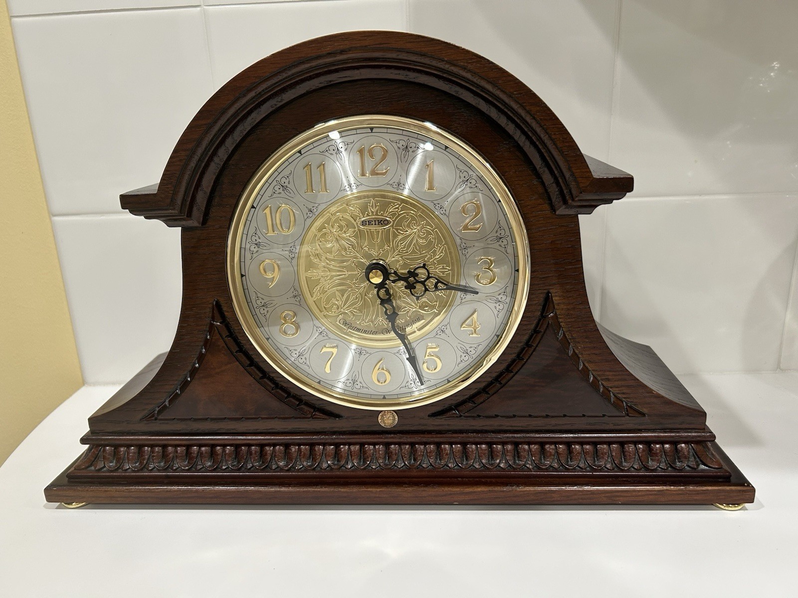 Seiko Solid Oak Wood Mantel Clock Model QXJ003BLH Westminster-Whittington Chime