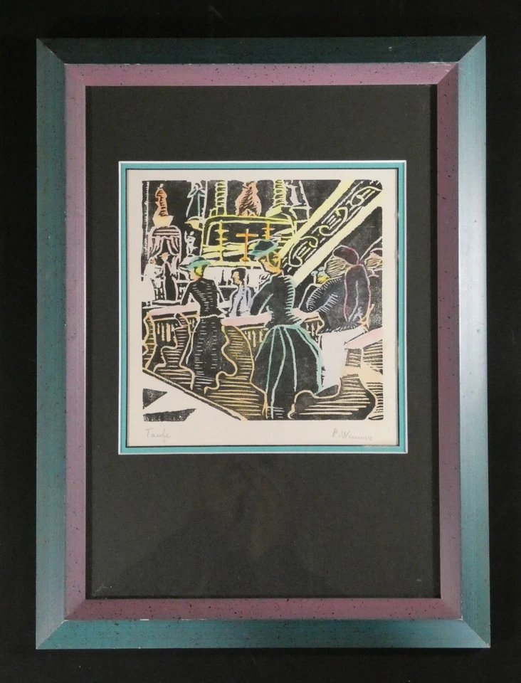 Farbholzschnitt Paula Wimmer (1876-1971) Dachau Taufe signiert Dachauer