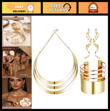 Bib Choker Necklace Set, Wide Cuff Bangle Bracelets Long Dangle Earrings - Afr