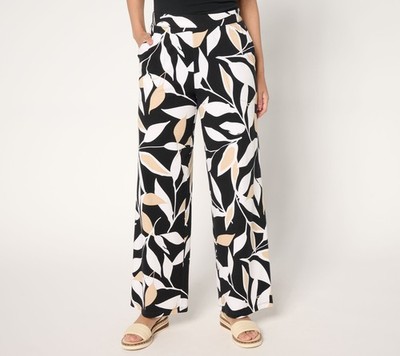 Denim & Co. Petite Beach Jersey Full Length Wide Leg Pants Black Leaf XL New