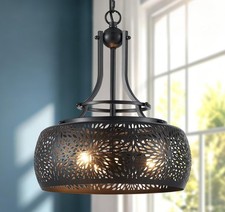 3 Light Drum Chandelier 13.4" Openwork Metal Farmhouse Pendant Matte Black- NEW
