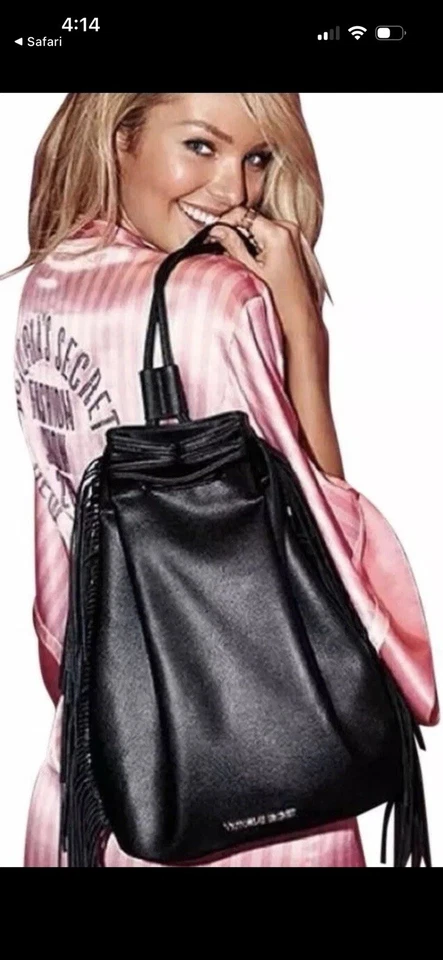 Victoria's Secret Negro Flecos Imitación Cuero Cordón Mochila Bolso Cartera Foto 2 de 4