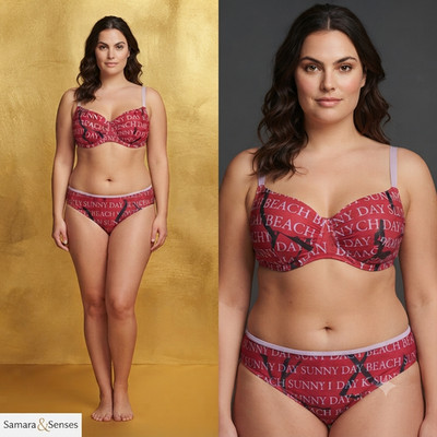 BeachTime Bikini Gr. 36 Neu Rot Lila Schrift Damen Bademode Set Sommer Strand