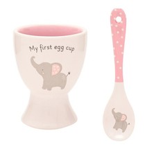 New Baby Ceramic Egg Cup and Spoon Gift Set Cute Elephant - Pink