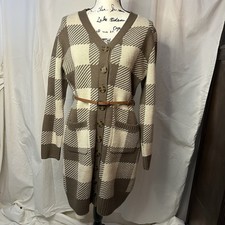 Olive + Oak Sweater Dress PXL Brown & Tan Squares Belted W/Pockets Button Front