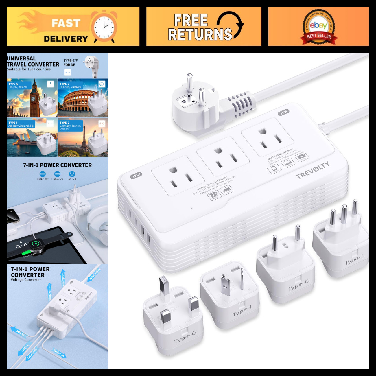 2000W Voltage Converter for European Travel, 220V to 110V Adapter, 3AC/2USB-A/2U