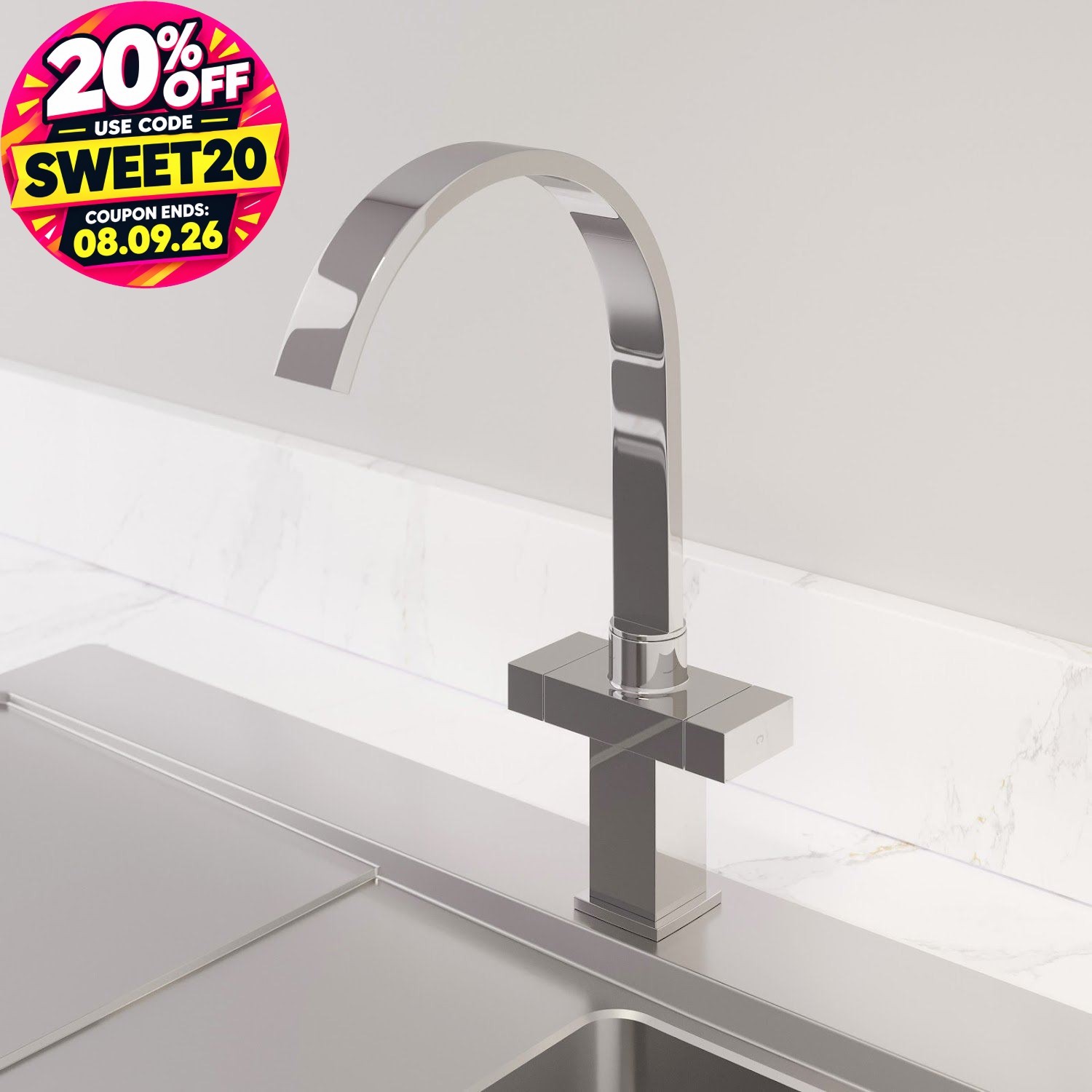 Modern Mono Kitchen Mixer Tap Square Swivel Spout Twin Controls Chrome Faucet