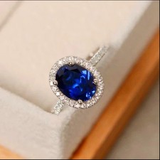2Ct Oval LabCreated Blue Sapphire Women's Wedding Ring 14K White Gold Plated