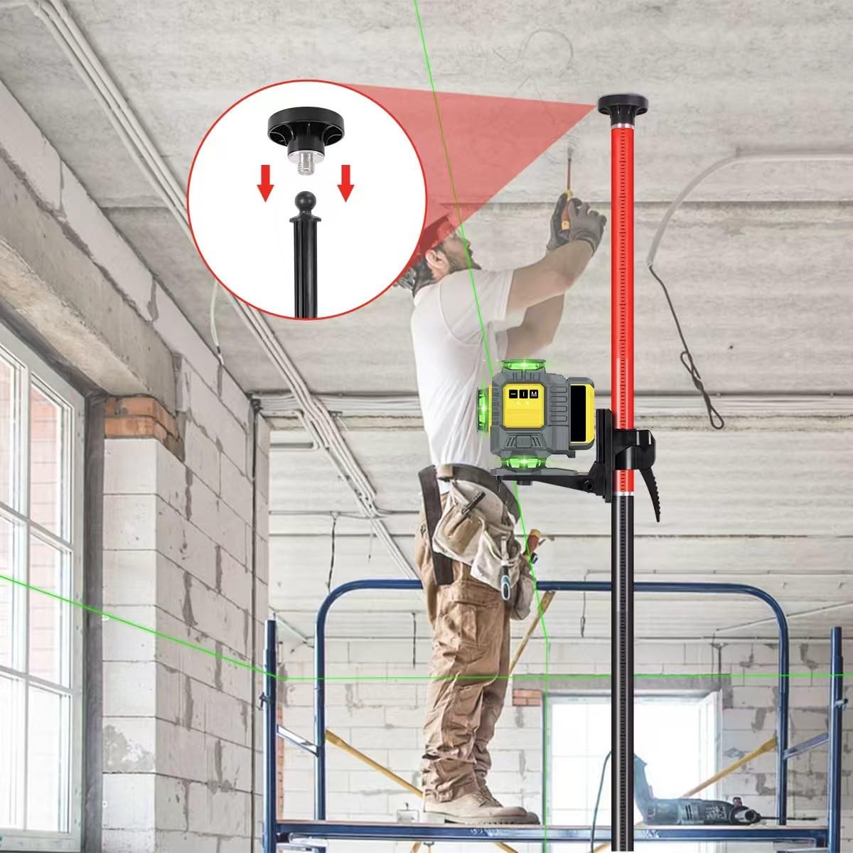 Telescoping Laser Level Support Pole w/ Tripod & Mount for Rotary Line Lasers
