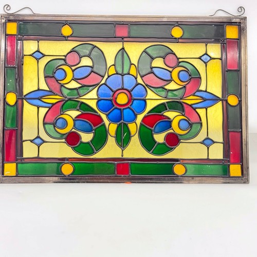Vintage Stained Glass Window Panel Suncatcher Floral Leaded Metal Frame 18x12