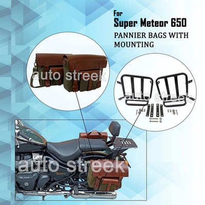 For Royal Enfield ''SUPER METEOR 650'' Olive Canvas Pannier Bags with Mounting