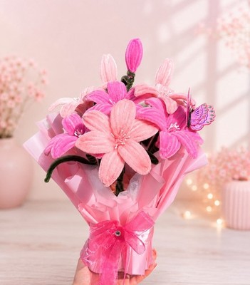 Handmade Eternal Pink Lily Bouquet Pipe Cleaner Flowers Gift Decor