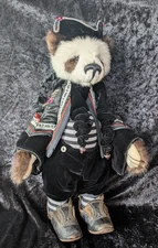 Lori Simon artist bear: mink fur panda jester with striped body suit & old shoes
