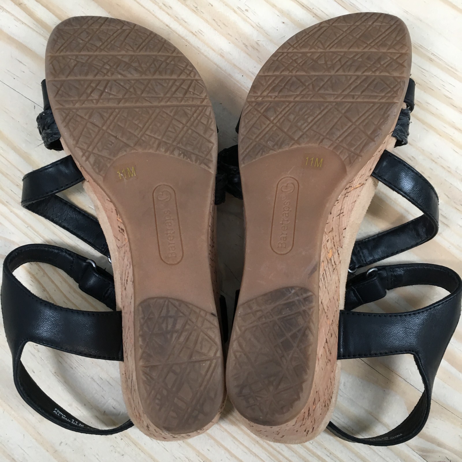 Baretraps Sandals Womens 11 M Finna Ankle Strap Black Faux Leather Wedge Heels