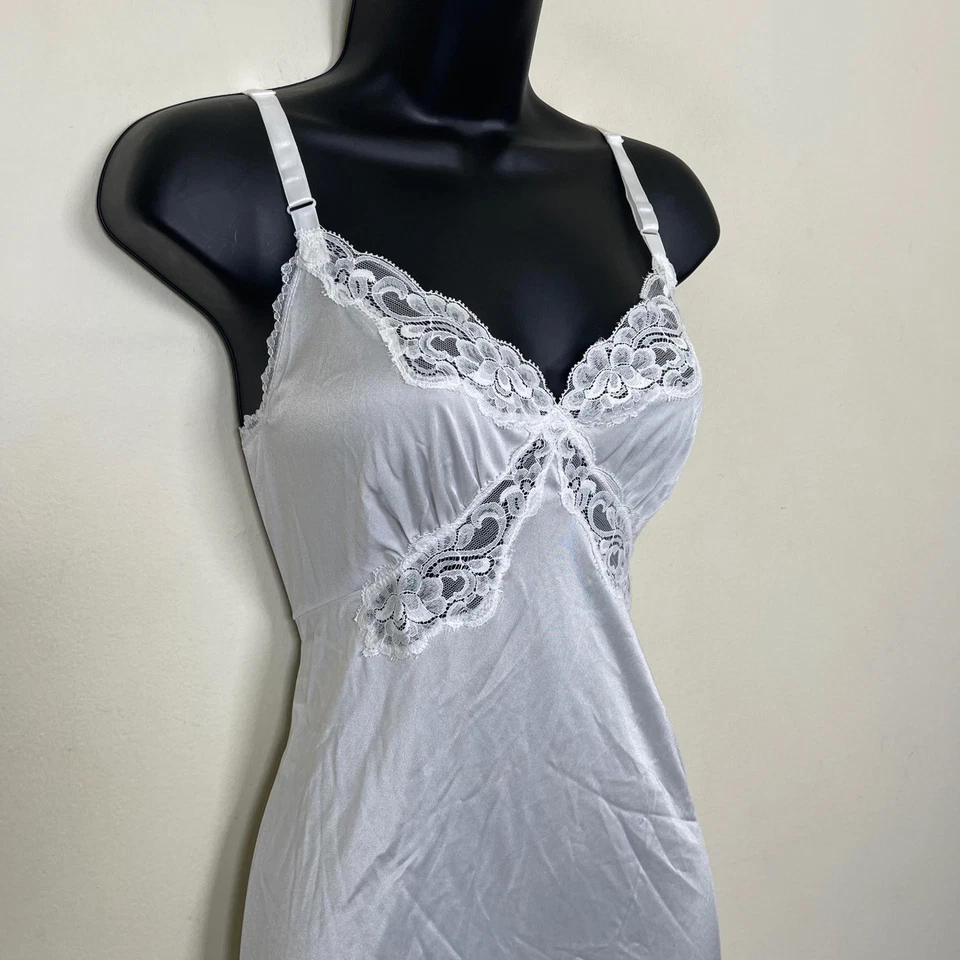 Vestido sin mangas Shadowline blanco de nailon con ribete de encaje lencería vintage nupcial 34 MS Foto 4 de 4