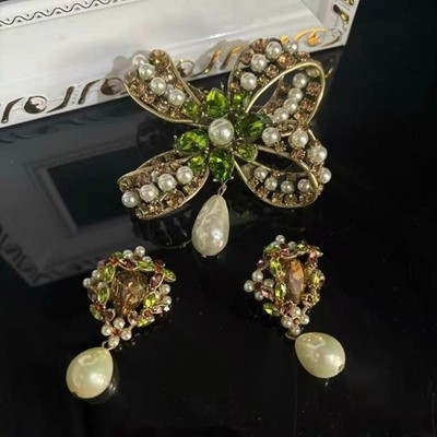 Vintage Green Crystal Pearl Earrings & Brooch Baroque Statement Estate Jewelry