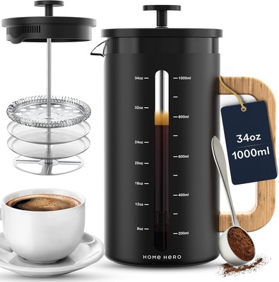 French Press Coffee Maker - 34 oz Coffee Press with Bamboo Wood Handle