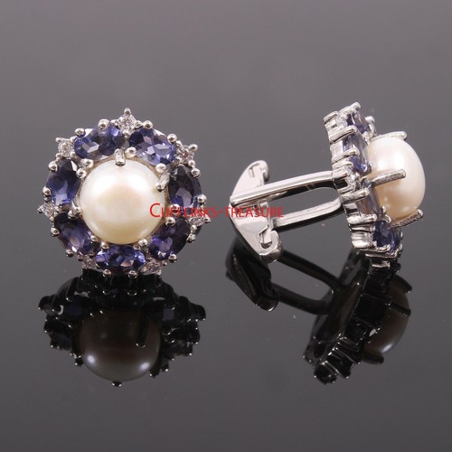 Natural Pearl & Iolite Gemstones with 925 Sterling Silver Cufflinks For Men's #4