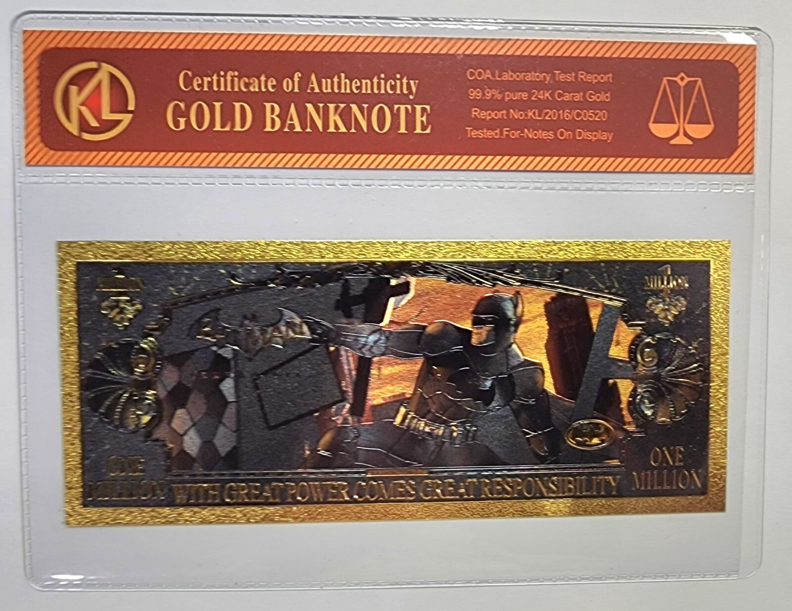 Batman "THE DARK KNIGHT" COA Laboratory Tested 99.9 24K GOLD BANKNOTE