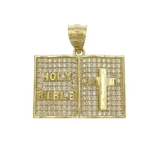 Holy Bible Praying Book Pendant CZ Charm 10k Yellow Gold 1"