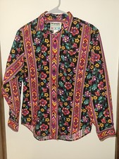 Vintage WRANGLER Large Cowboy Cut Shirt Southwestern RED Floral Stripe 16x34