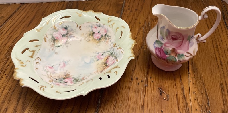 Vintage Small Creamer Japan Bowl Green Pink Rose Gold Detail N.K. Standeford