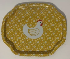 Vintage Tin Metal Snack Tray Yellow & White Country Calico  with a White Chicken