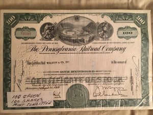 The Pennsylvania Railroad Company (100 green  1950-1960s stock certificates)
