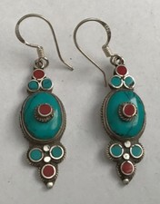Main Craved, Nepal, Argent Sterling Turquoise Corail Boucles, ER-104, Tout Neuf