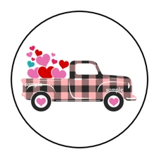 30 TRUCK VALENTINES ENVELOPE SEALS STICKERS LABELS TAGS 1.5" ROUND PLAID PINK