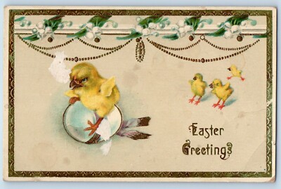Easter Postcard Greetings Little Chicks Egg And Flowers Gel Gold Gilt c1910's