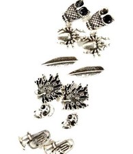 Silver Tone 6 Earrings Set - Owl Spider Feather Peacock Skull Horn