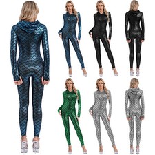 ranrann Damen Metallic Overall mit kapuze Ganzanzug Cosplay Kostüm Party