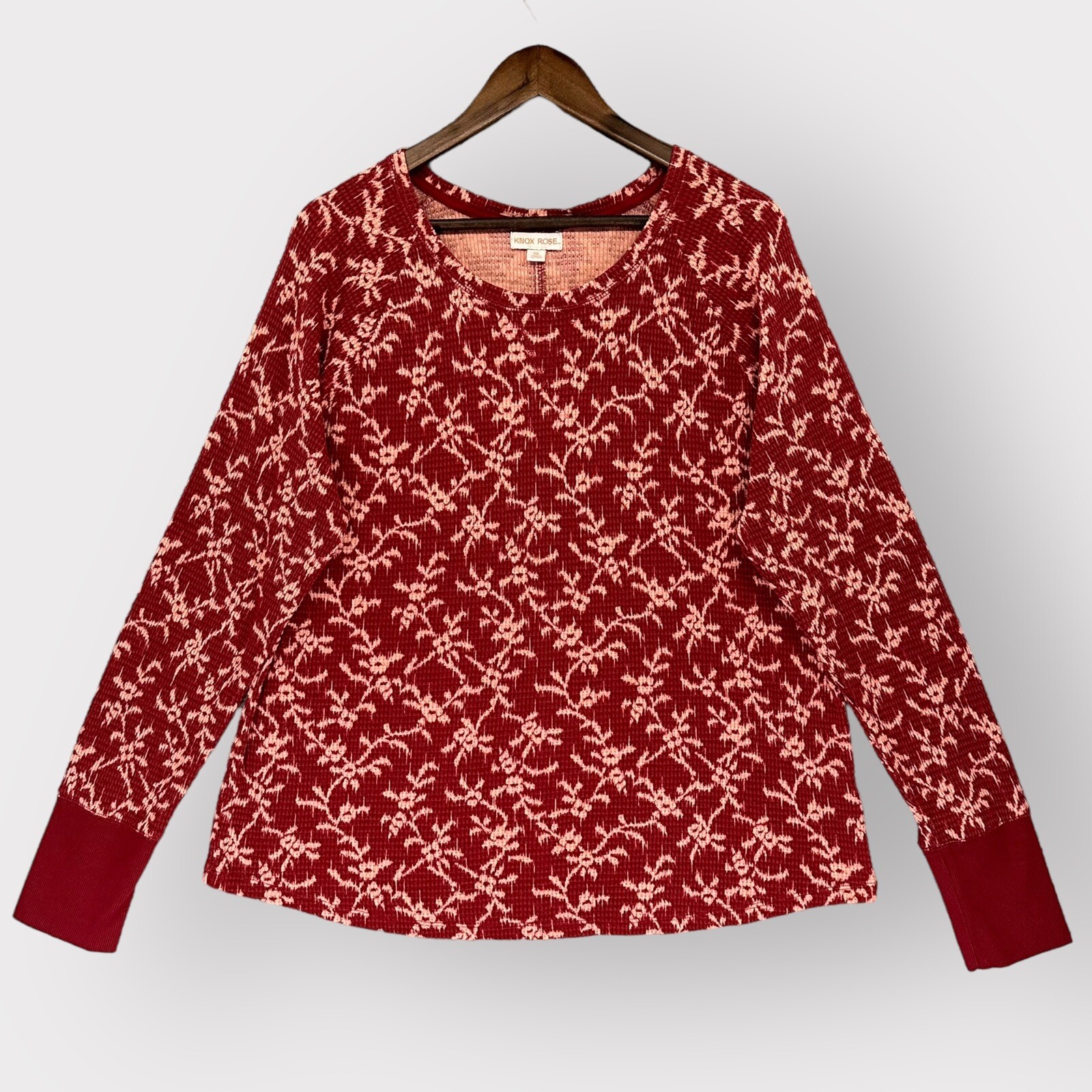Knox Rose Thermal Shirt Women XXL Red Floral Waffle Knit Raglan Long Sleeve F15