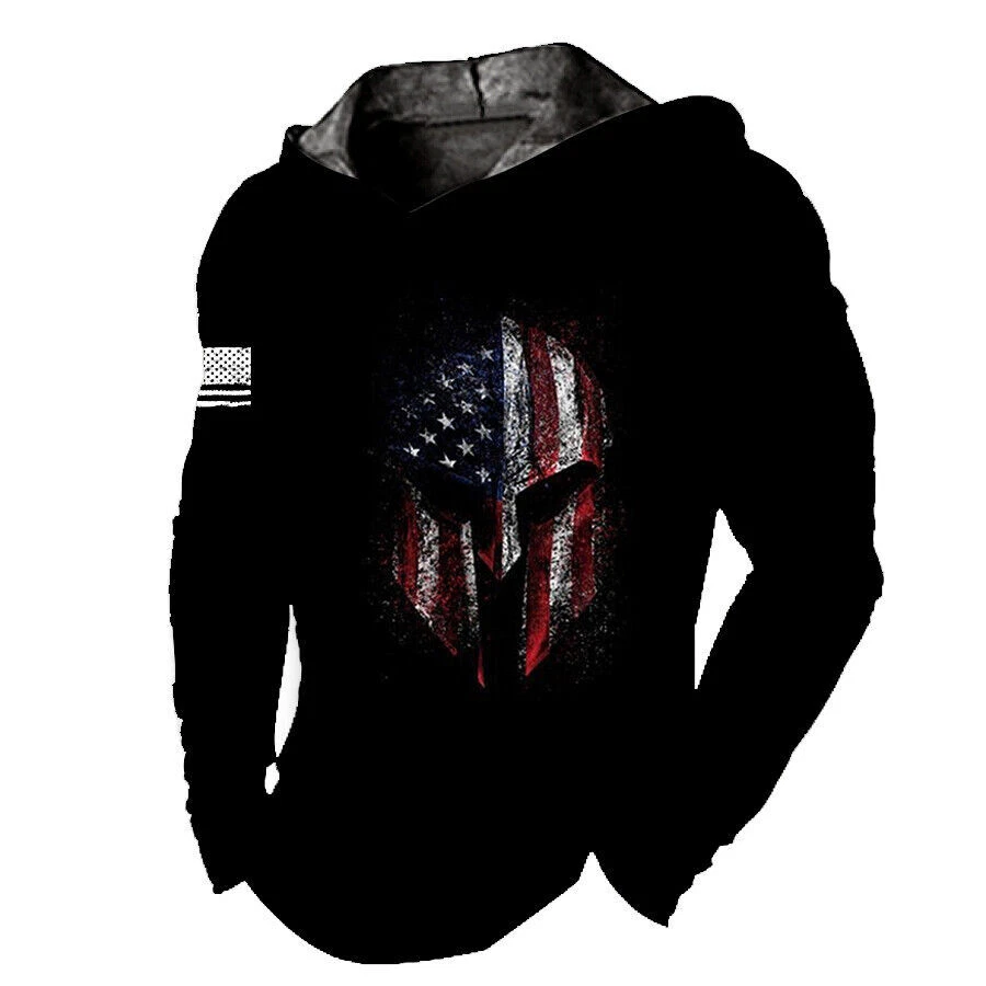 Men Hoodie Hooded T Shirt Warrior Mask Helmet American USA Flag Soft Lightweight