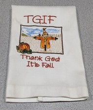 Fall Dish Towel Scarecrow and Pumpkins Cotton Machine Embroidered 18" x22" TGIF