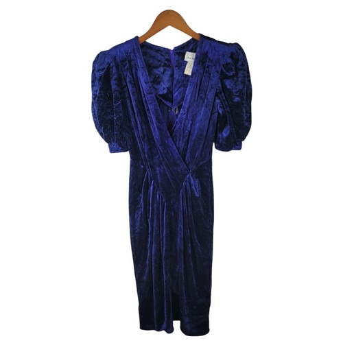 Vintage 80s Velvet Wrap Top Sheath Dress Size 2/4 Evening Party Prom Grunge Blue - Picture 2 of 10
