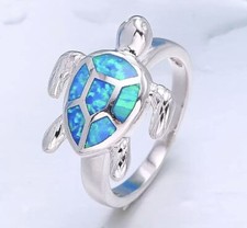 Blue Fire Opal Gift   Turtle Ring Sterling Silver Plated FREE SHIPPING  Size 7