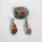 Set brooch and earrings mother-of-pearl hand-painted vintage Ukraine