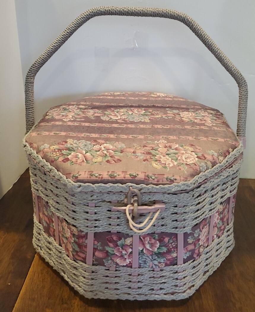 Vintage 1980s Large Octagon Sewing Box w Handle Wicker Dusty Rose/Blue Floral