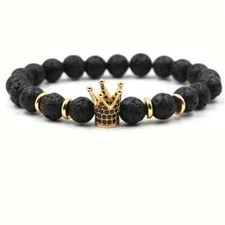 Iced King Crown Charm Volcanic Stone Black Bead Fashion Stylish Urban Bracelet