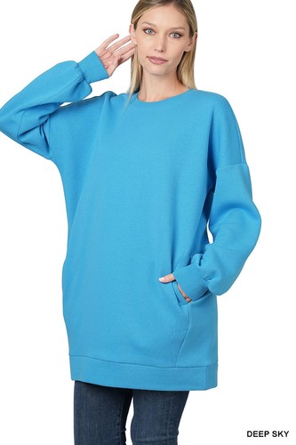 Women Round or V Neck Oversized Long Sweatshirt Loose Warm Fleece Top w/ Pockets - Picture 5 of 32