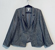 Chicos Blazer Womens Large Gold Metallic Tweed Zippered Pockets Work Career