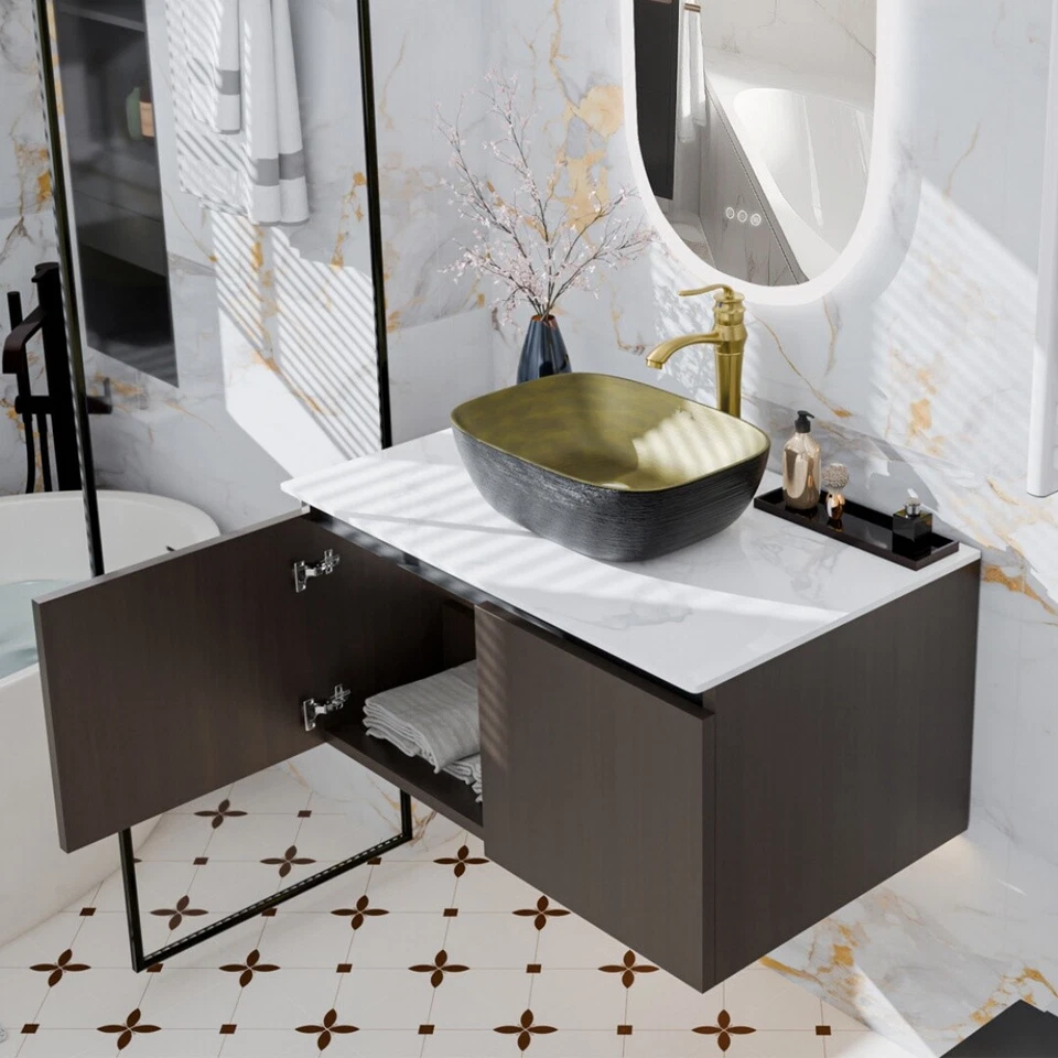 Badmöbel Unterschrank Set Schwebender Waschtisch mit waschbecken Wasserhahn DE - Bild 2 von 4