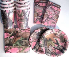 PINK HUNTING CAMO Birthday Party Supply DELUXE kit w/ Reusable Table Covers, Inv