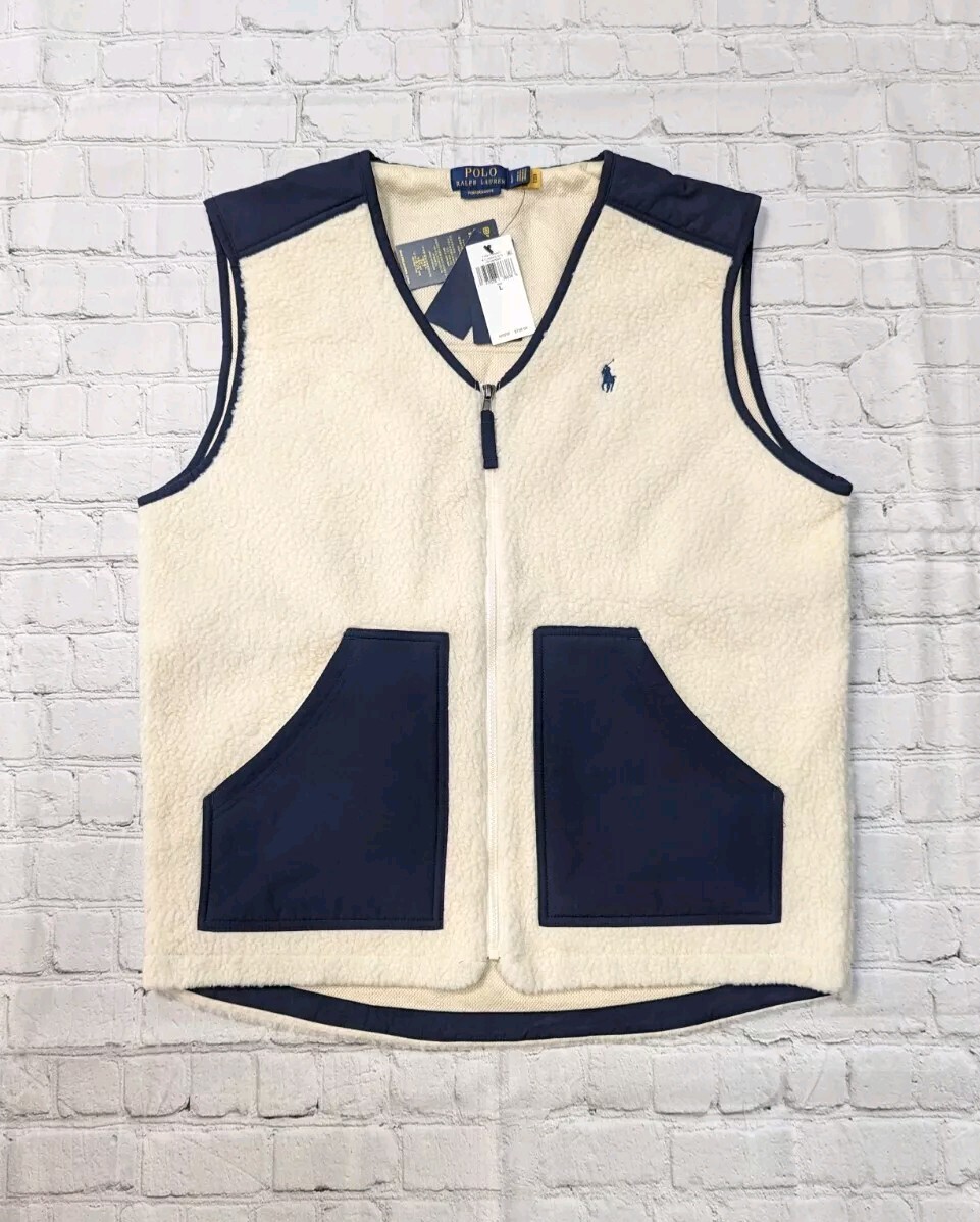 POLO RALPH LAUREN Cream Navy Fleece Hybrid Vest Men's LARGE NWT
